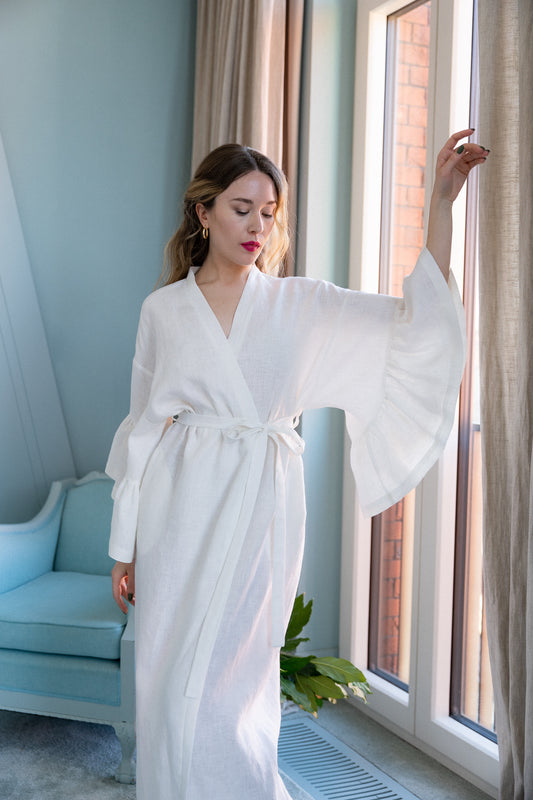 BELLE RUFFLE SLEEVE LINEN MAXI ROBE - IVORY