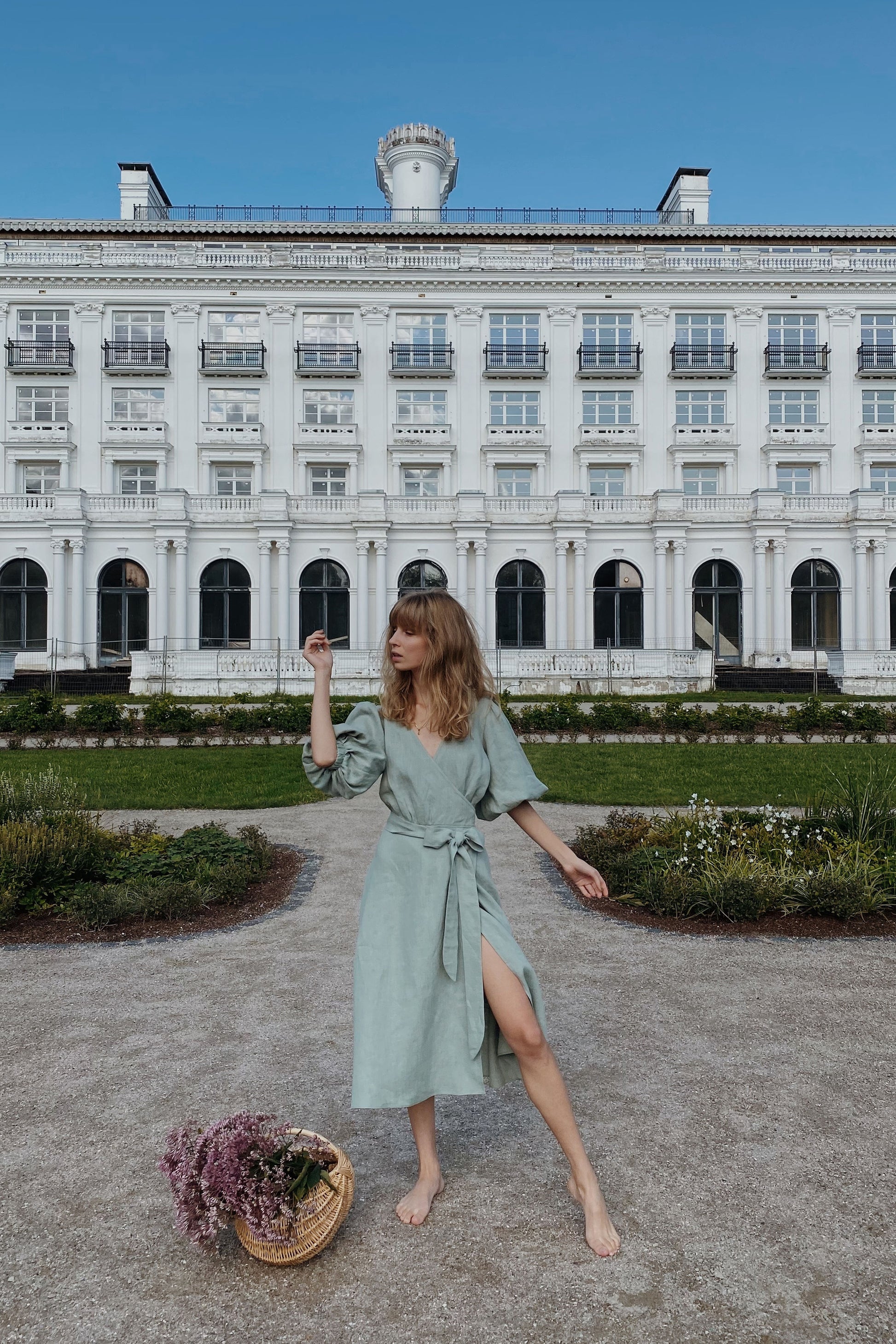 mint green wrap linen dress with balloon sleeves