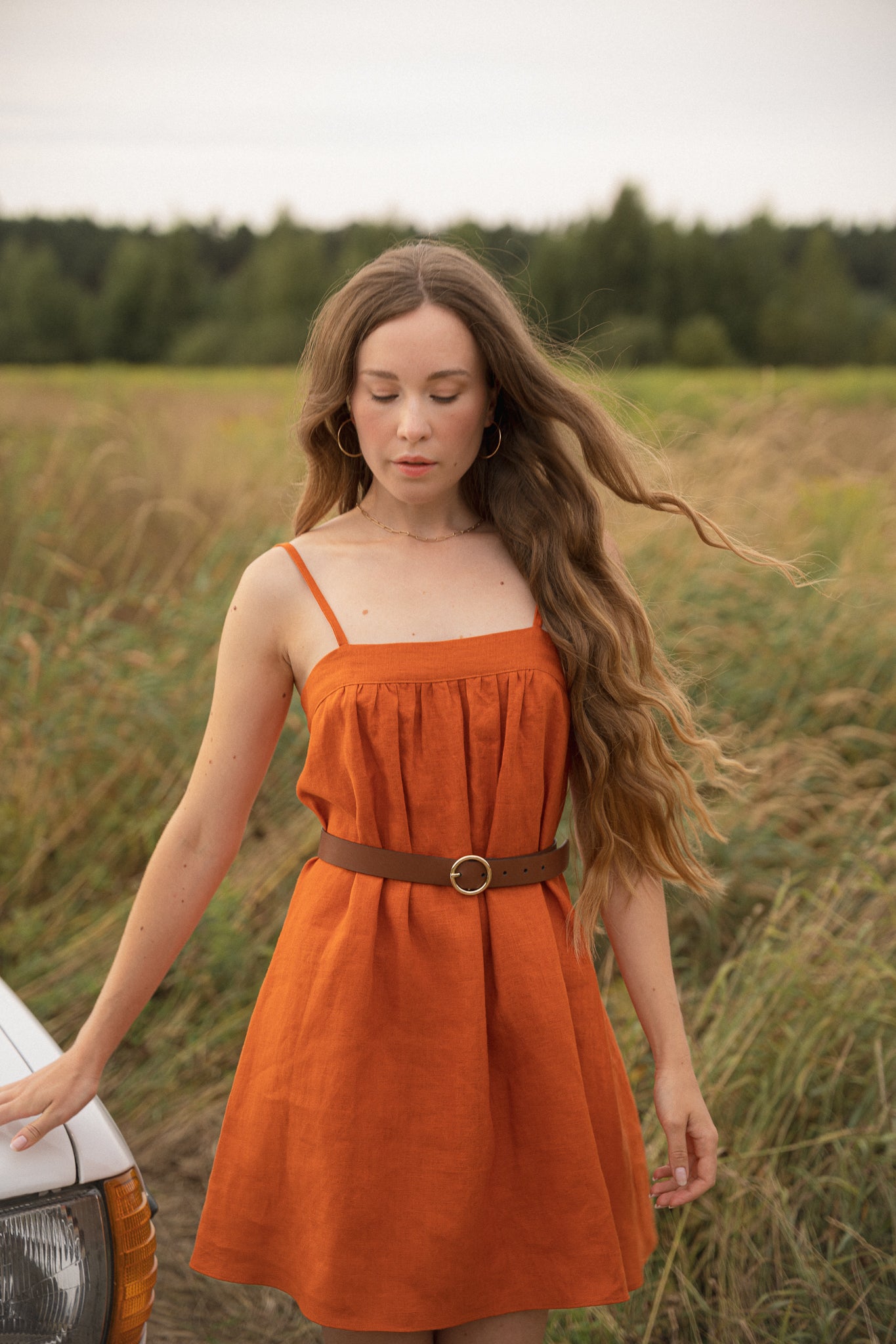 LOULOU LINEN MINI DRESS BURNT ORANGE