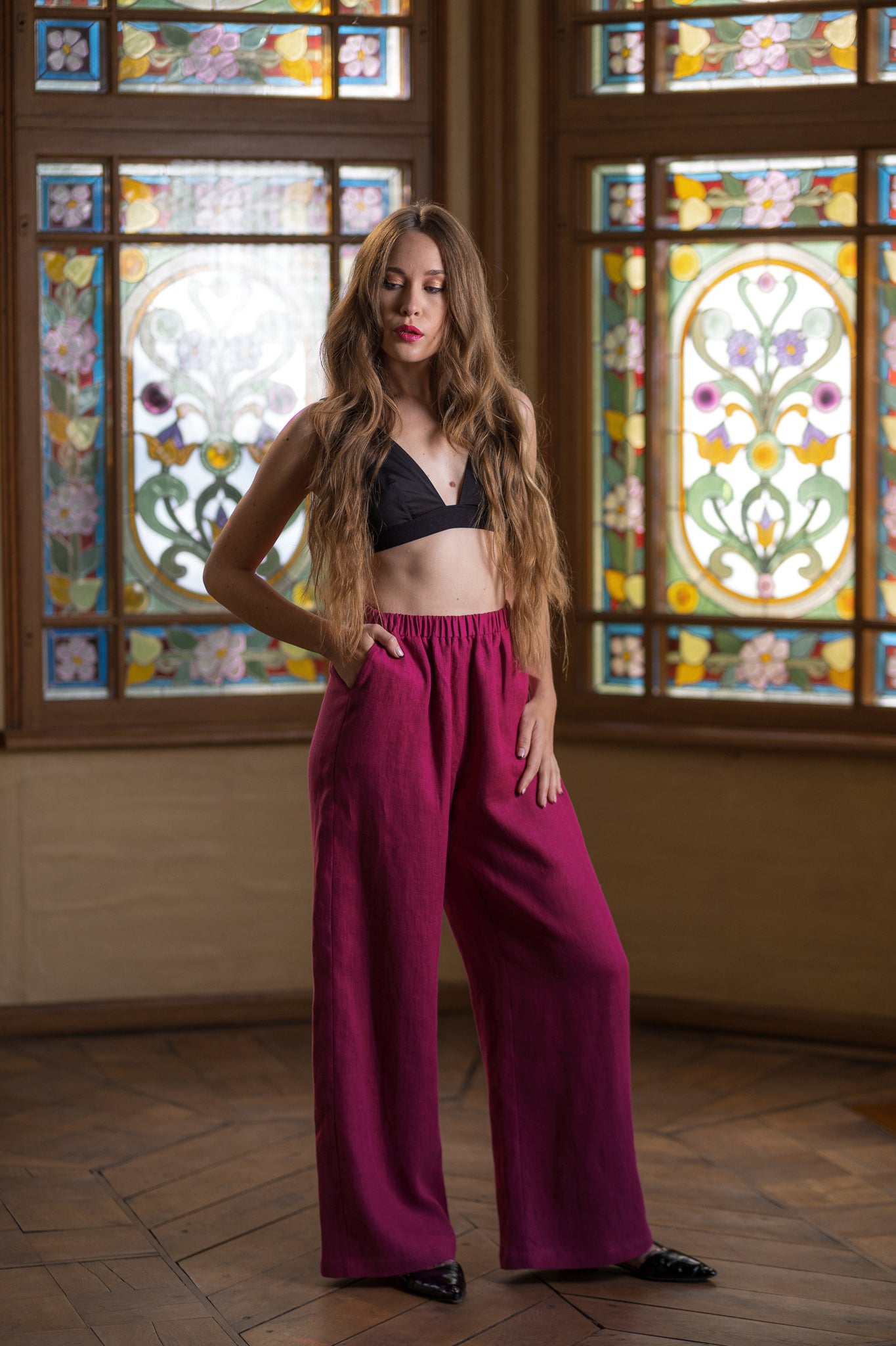 fuchsia wide leg linen palazzo pants with pockets